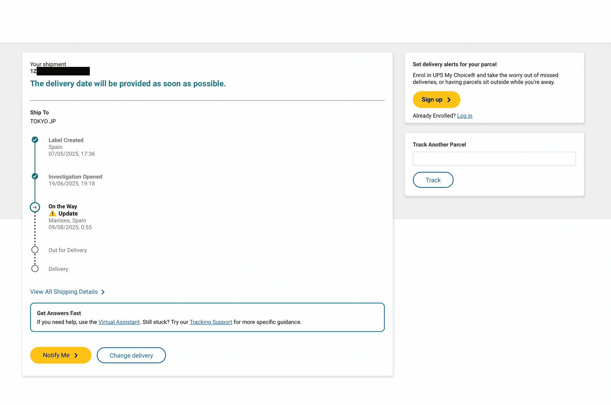 UPS tracking showing 'Label Created' with no scans