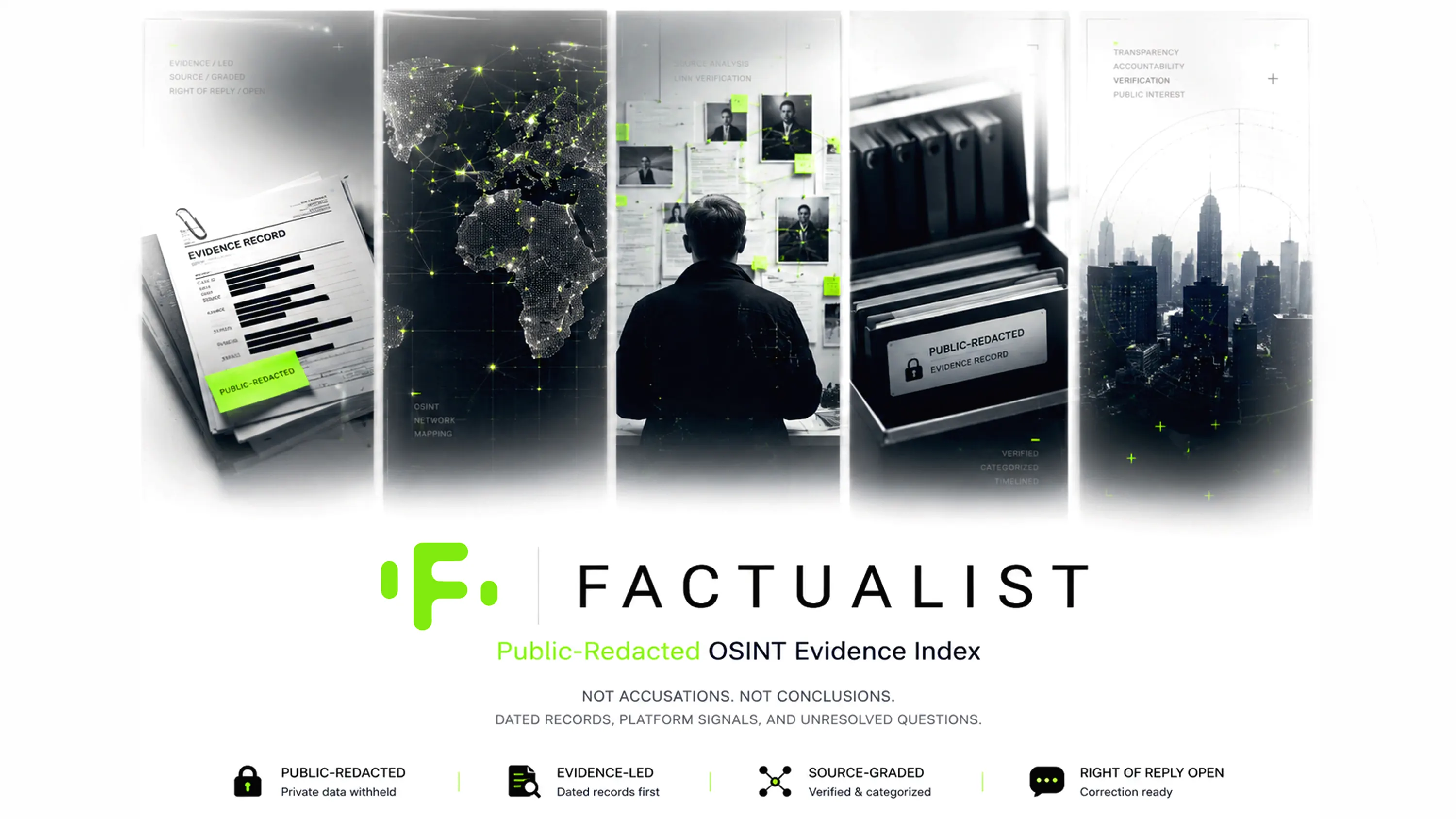 Factualist index des preuves OSINT rédigées publiquement Graphique héros WebP montrant les enregistrements de preuves, la cartographie du réseau classée à la source, la gestion des archives publiées publiquement, les signaux de vérification, le voie de correction et l'état du droit de réponse pour les documents d'intérêt public non résolus.