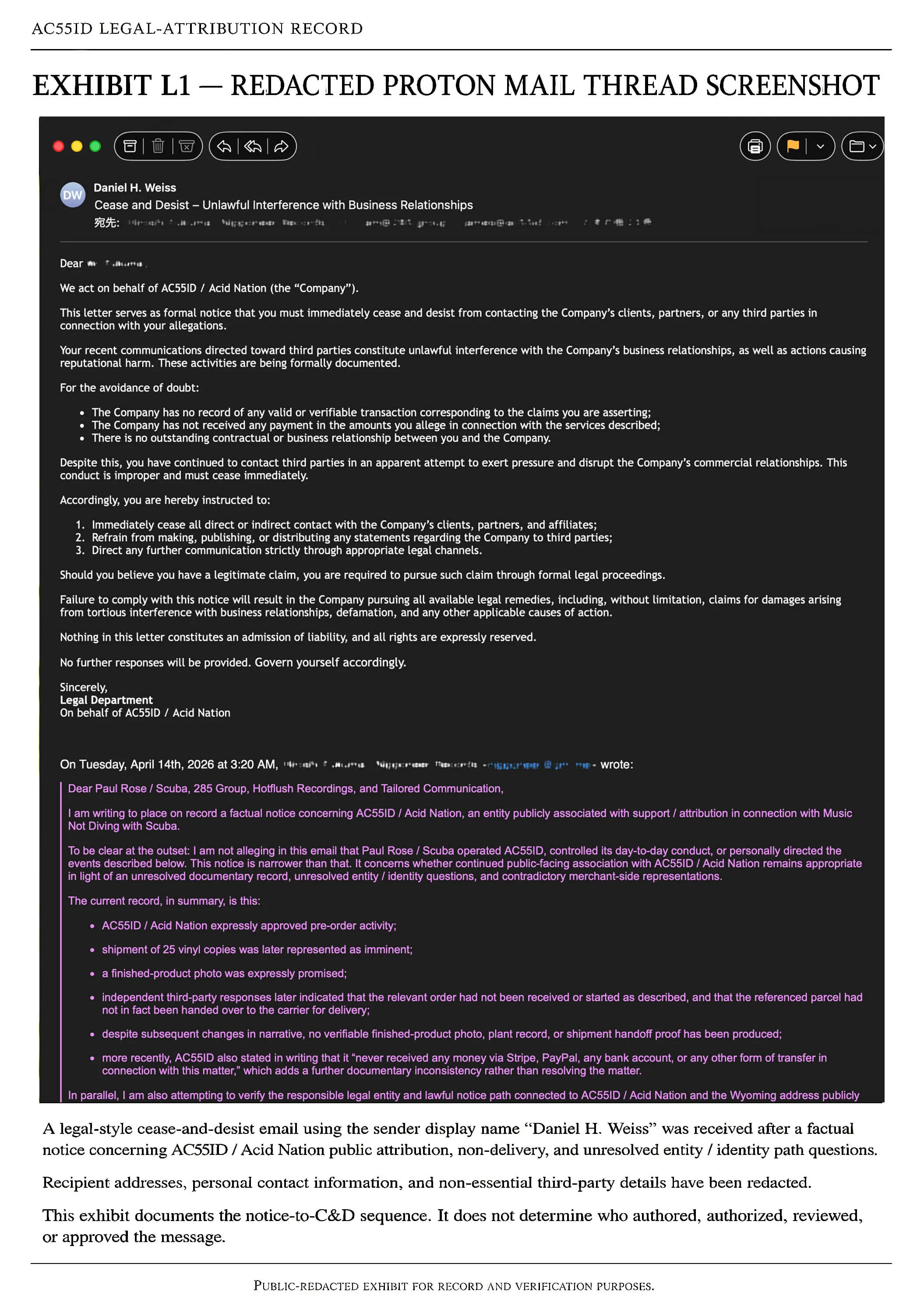 Exhibit L1 AC55ID legal-attribution WebP record showing a redacted Proton Mail thread and notice-to-cease-and-desist sequence with recipient and private contact details withheld.