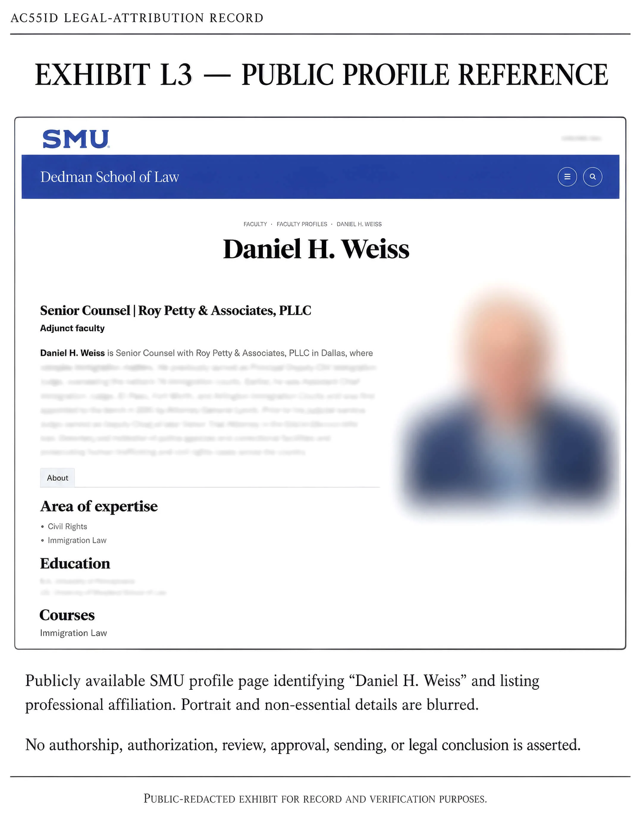 Exhibit L3 AC55ID legal-attribution WebP record showing a public profile reference used only for the Daniel H. Weiss attorney-name display issue, with nonessential details blurred.