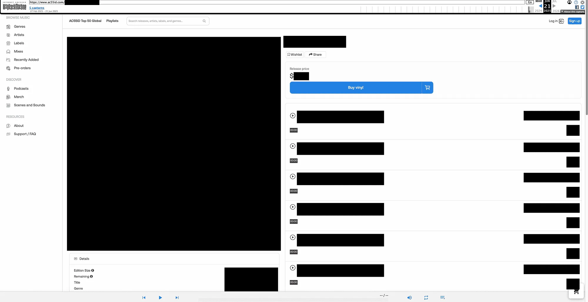 AC55ID Acid Nation public-redacted product-page availability exhibit showing a reviewed public page status record with release and identity details withheld.