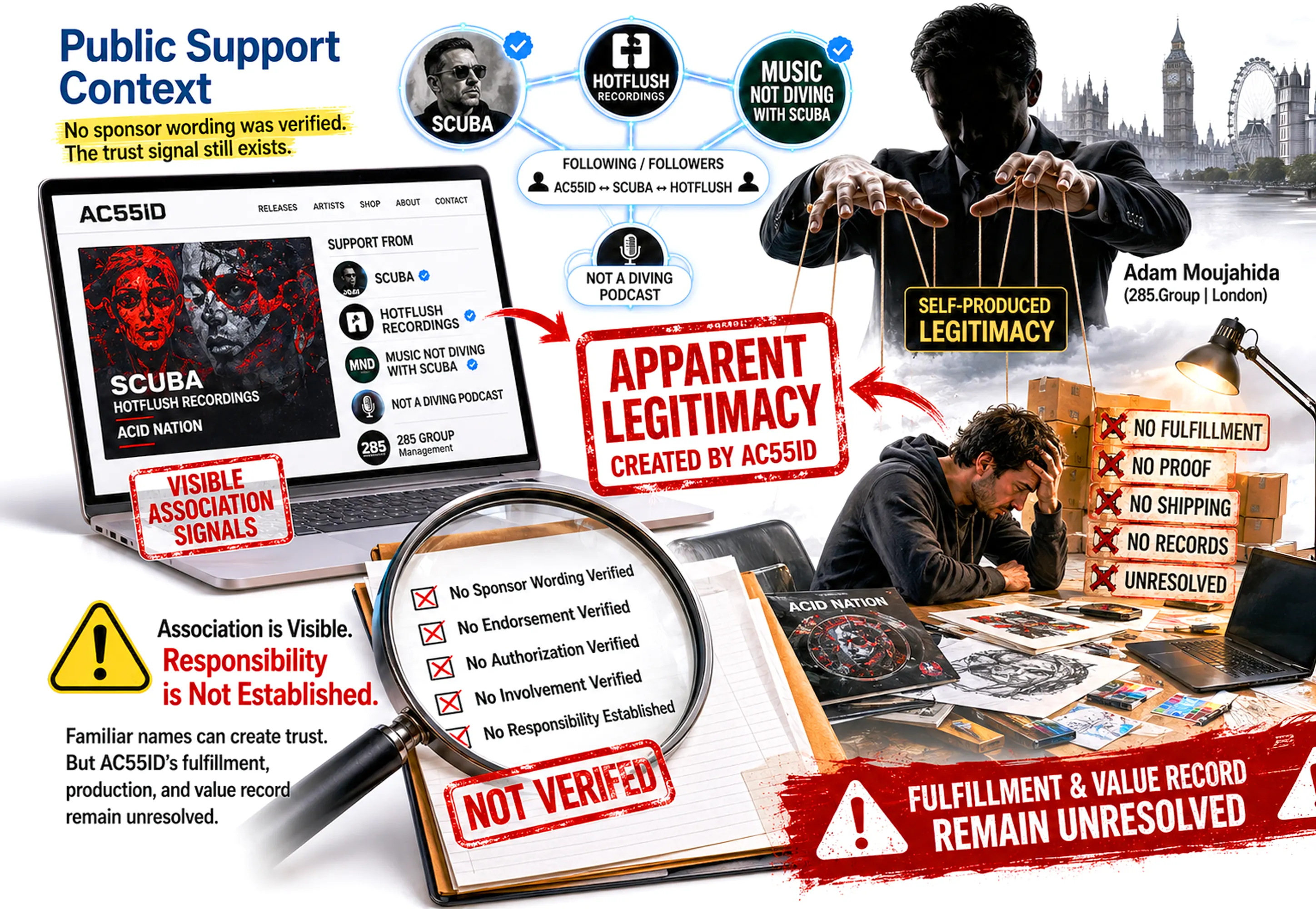 AC55ID Acid Nation public support context WebP visual showing platform-adjacent association signals around Scuba, Hotflush, Music Not Diving, visible public proximity, no sponsor wording verified, unresolved fulfillment and value record context, and no third-party responsibility established.