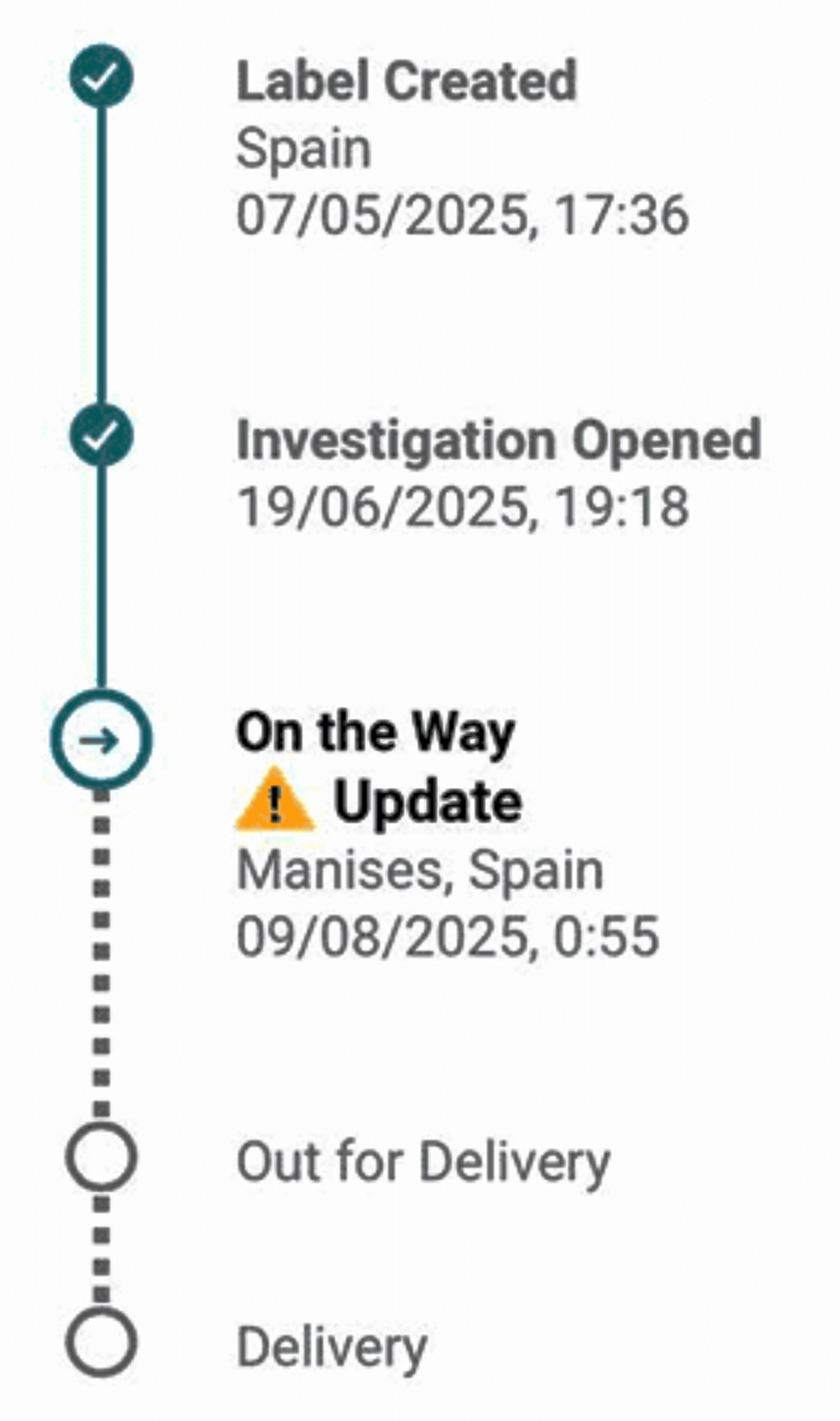 Redacted carrier tracking timeline exhibit showing a Spain origin Label Created event on 07/05/2025, Investigation Opened on 19/06/2025, and an On the Way Update event dated 09/08/2025 at Manises, Spain with no pickup scan recorded.