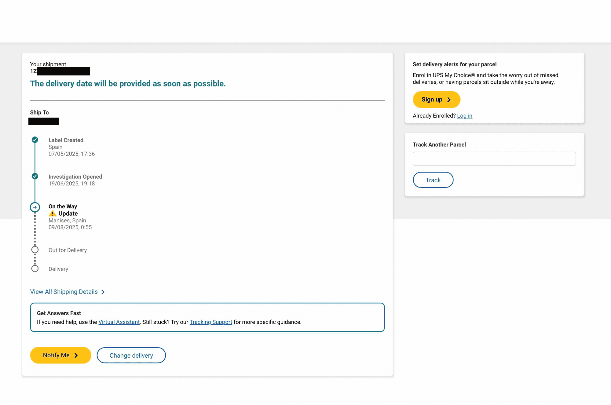 UPS tracking snapshot with fields redacted